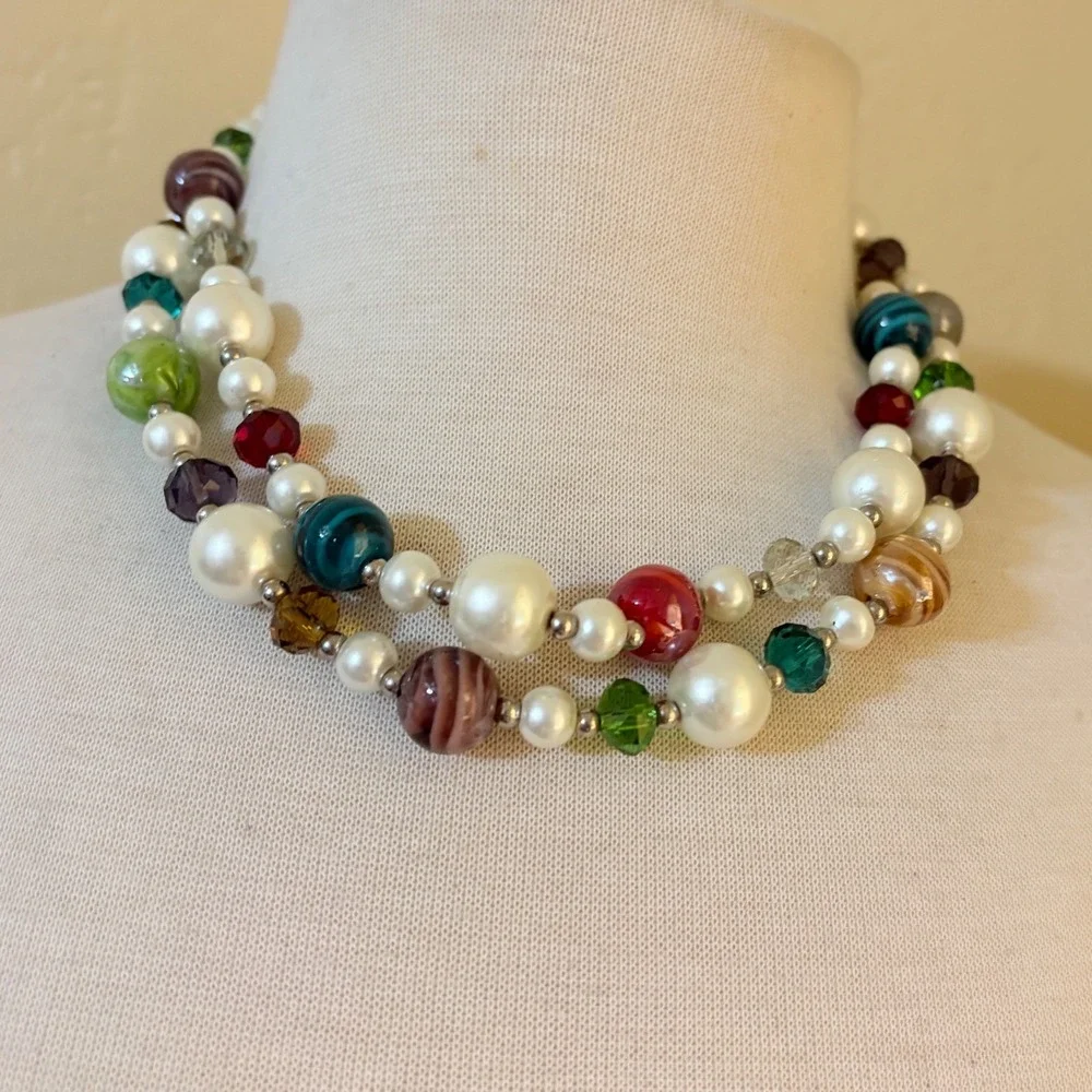 Multicolor Double Strand Beaded Necklace Faux Pearl Art Glass Statement Silver